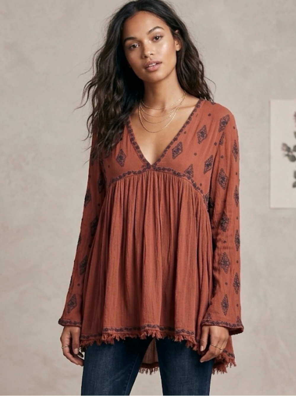 Free People Oversized Rust Coloured V-Neck Babydoll Tunic